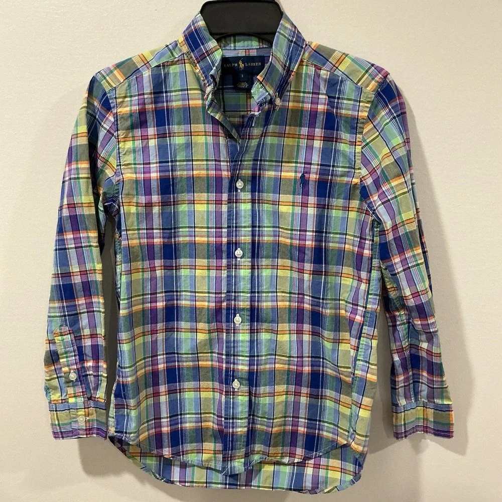 Ralph Lauren Kids Plaid Oxford Button Down Shirt Long Sleeve Size 7 Preppy